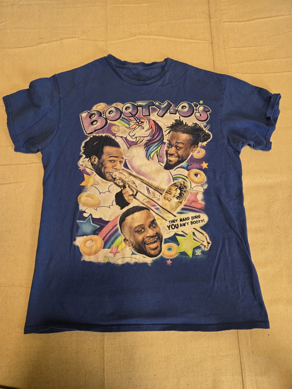 WWE Booty-O's Graphic T-Shirt Medium Blue Vintage Wrestling Tee